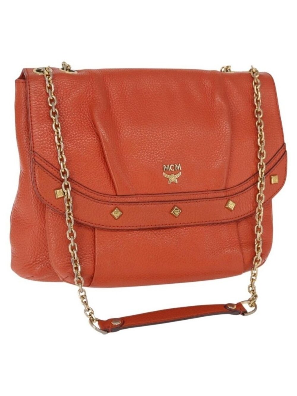 Authentic MCM Studs Chain Shoulder Bag Leather Orange Gold
